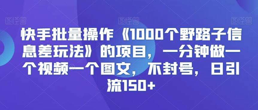 快手批量操作《1000个野路子信息差玩法》的项目，一分钟做一个视频一个图文，不封号，日引流150+【揭秘】_教程