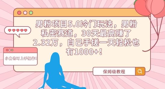 男粉项目5.0冷门玩法，男粉私密赛道，30天最高赚了2.32万，自己手搓一天轻松也有1000+【揭秘】_课程