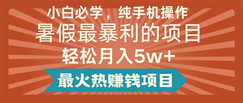 小白必学，纯手机操作，暑假最暴利的项目轻松月入5w+最火热赚钱项目