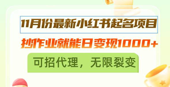 （无水印）11月份最新小红书起名项目，抄作业就能日变现1000+，可招代理，无限裂变