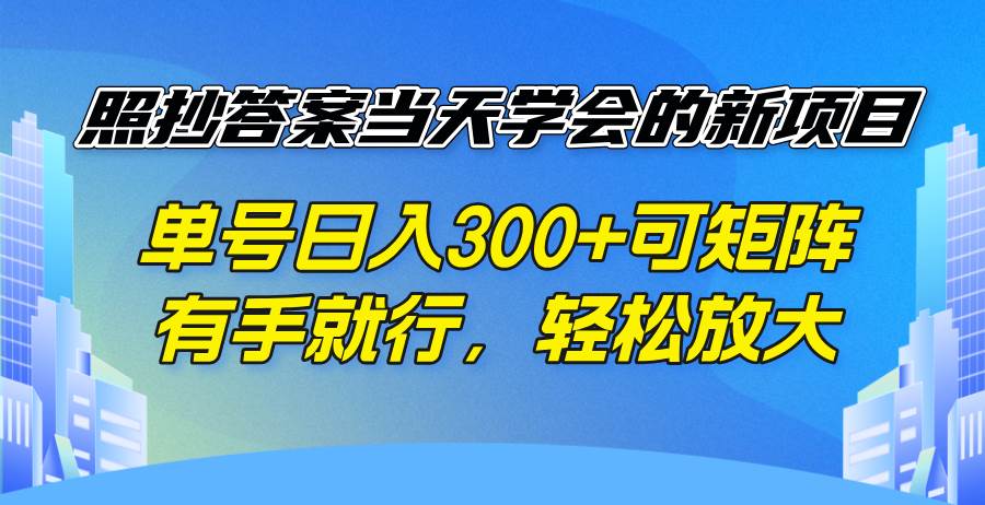 （无水印）照抄答案当天学会的新项目，单号日入300 +可矩阵，有手就行，轻松放大