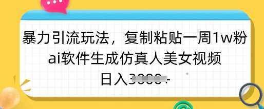 暴力引流玩法，复制粘贴一周1w粉，ai软件生成仿真人美女视频，日入多张